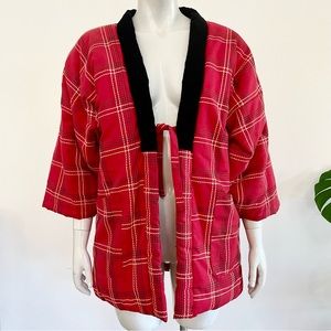 Vintage red plaid puffer Haori coat, kimono jacket warm